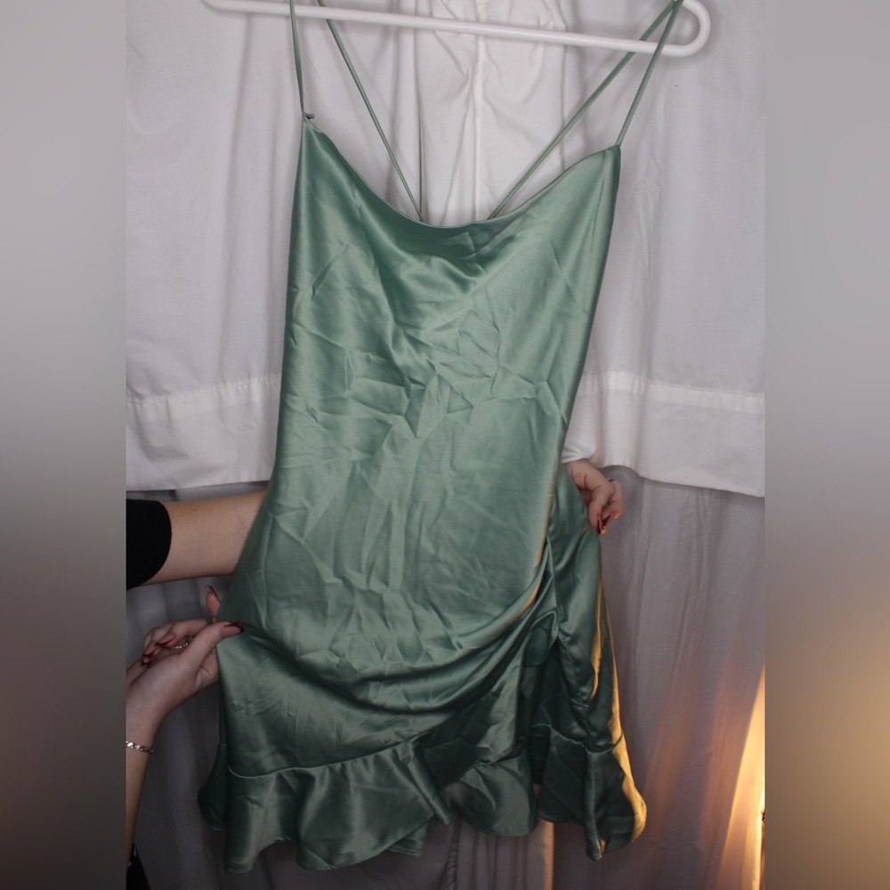 B. Darlin sage green satin cross back romper